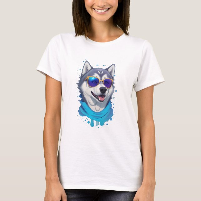 T-shirt Chien Husky Portant du verre soleil dans la lueur (Devant)