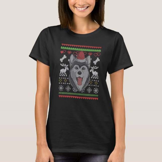 T-shirt Chien Husky Sibérien Père Noël Noël Ugly Pattern (Devant)