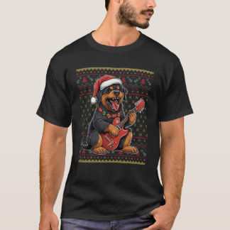T-shirt Chien Jouant Guitare Santa Hat Xmas Ugly Rottweile