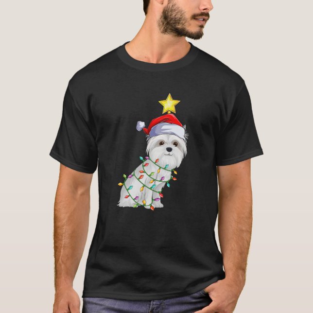 T-shirt Chien maltais Xmas d'éclairage arbre correspondant (Devant)