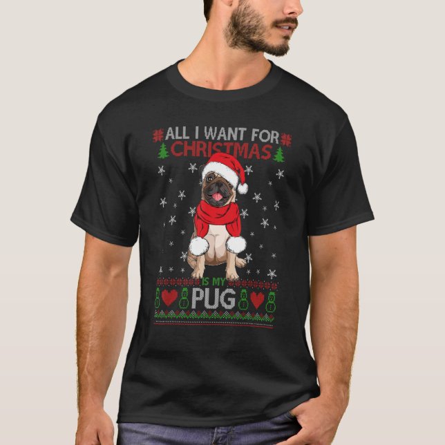T-shirt Chien mignon Carlin Santa Hat vilain pull de Noël (Devant)