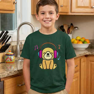 T-shirt Chien mignon chiot souriant avec des écouteurs col