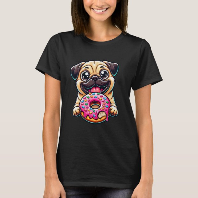 T-shirt Chien mignon pug mangeant un donut (Devant)