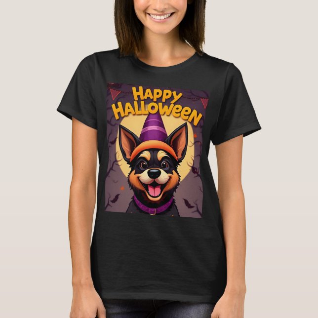 T-shirt Chien mignon sur la scène d'Halloween avec Citroui (Devant)