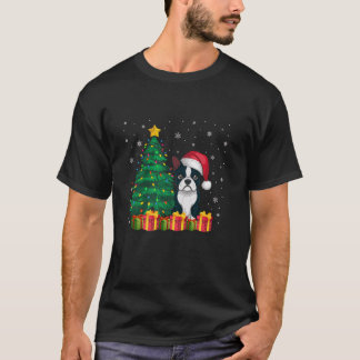 T-shirt Chien moche Boston Terrier Santa Hat Noël Lumières