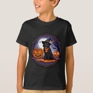 T-shirt Chien noir en costume de sorcière avec des citroui