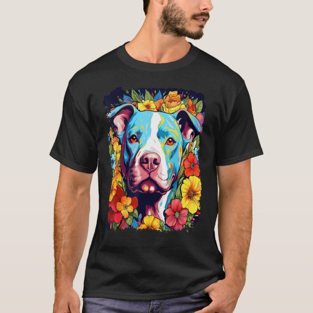 T-shirt Chien Pitbull Fleur Amour Paix (Devant)