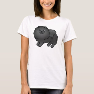 T-shirt Chien Pomeranian de dessin animé mignon noir