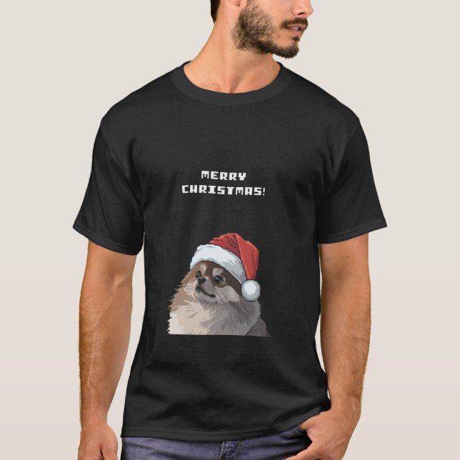 T-shirt Chien Pomeranian Joyeux Noël Pixel  (Devant)