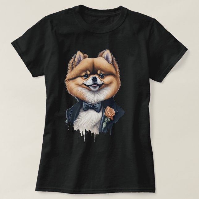T-shirt Chien Poméranien mignon et drôle portant des vêtem (Design devant)