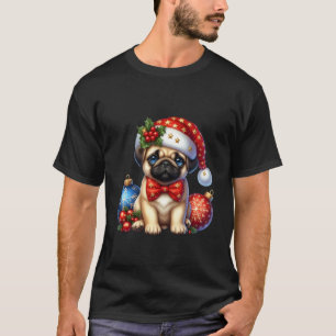 T-shirt Chien Pug de Noël mignon avec chapeau de Père Noël
