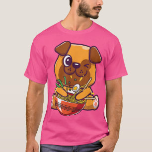 T-shirt Chien Pug Kawaii Mignon Mangeant Ramen Japonais