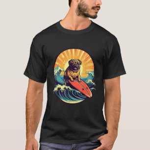 T-shirt Chien Pug Mignon Surfant sur les Grandes Vagues Ja