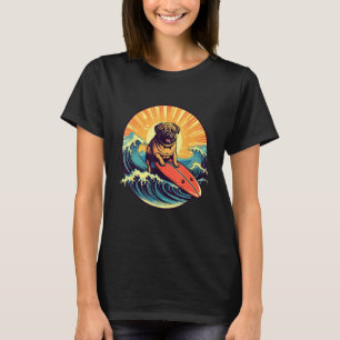 T-shirt Chien Pug Mignon Surfant sur les Grandes Vagues Ja