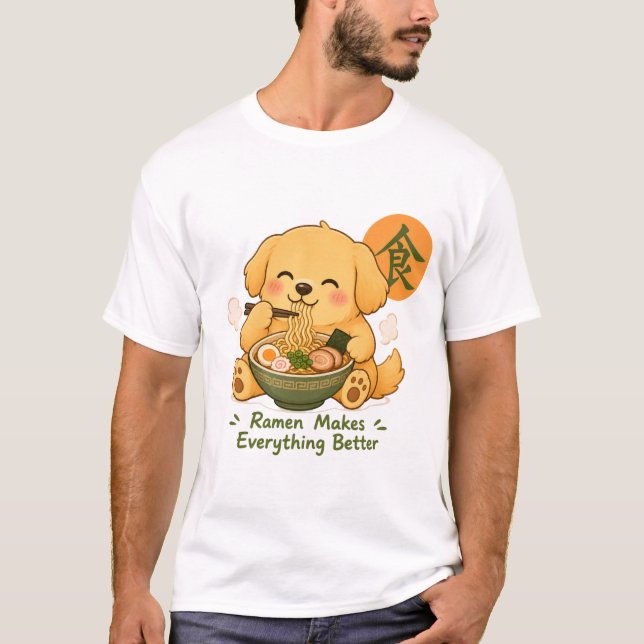 T-shirt Chien Ramen Mignon – Chien Kawaii Mangeant du Rame (Devant)