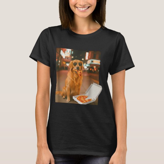T-shirt Chien retriever doré drôle mangeant une pizza meme (Devant)