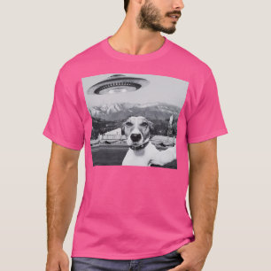 T-shirt Chien Selfie Alien Vaisseau Ufo Montagnes Plane Mi