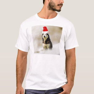 T-shirt Chien sibérien Husky avec chapeau de Santa Hat en 