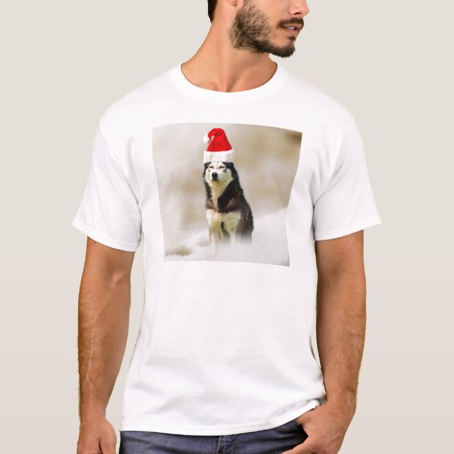 T-shirt Chien sibérien Husky avec chapeau de Santa Hat en  (Devant)