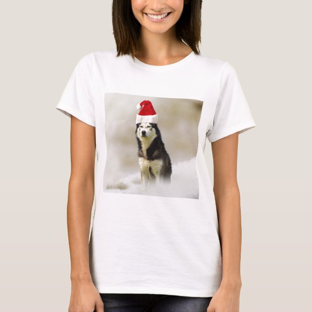 T-shirt Chien sibérien Husky avec chapeau de Santa Hat en  (Devant)