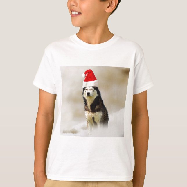 T-shirt Chien sibérien Husky avec chapeau de Santa Hat en  (Devant)
