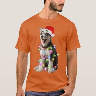T-shirt Chien sibérien Husky Père Noël Christmas Tree Ligh