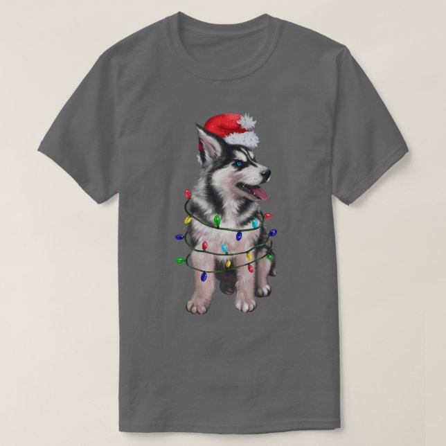 T-shirt Chien sibérien Husky Santa Hat Lumières des arbres (Design devant)