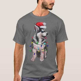 T-shirt Chien sibérien Husky Santa Hat Lumières des arbres