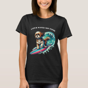 T-shirt Chien surf avec un Surfboard chevauchant une grand