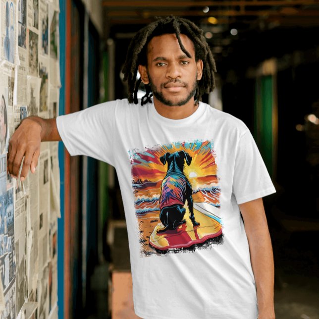 T-shirt Chien surfing joli coloré dessin animé (Funny Dog Surfing in the Summer)