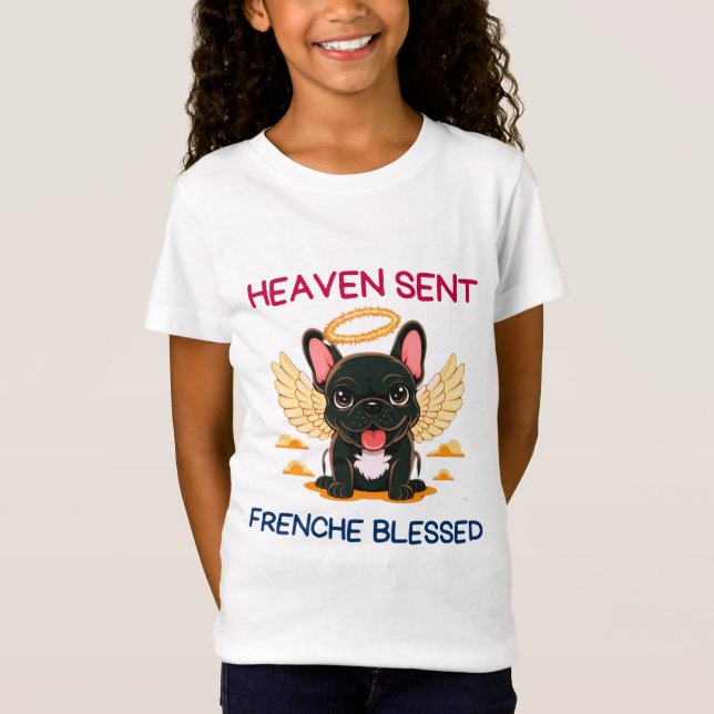 T-Shirt Chien-taureau Français Noir En Tant Qu'Anges Sur T (Devant)