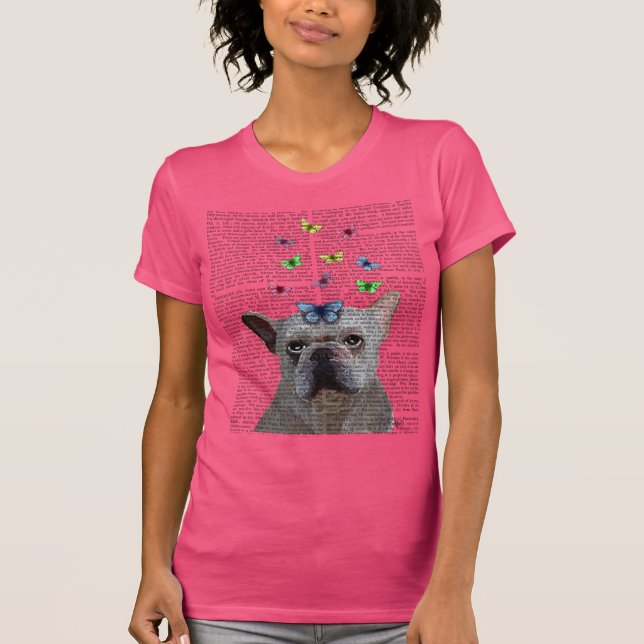 T-shirt Chien-taureaux et papillons français blancs (Devant)