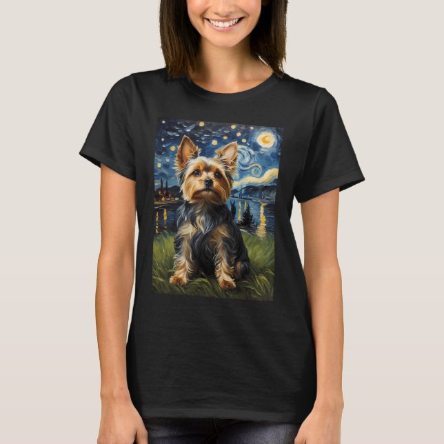 T-shirt Chien Yorkie Starry Night, Edvard Munch style (Devant)