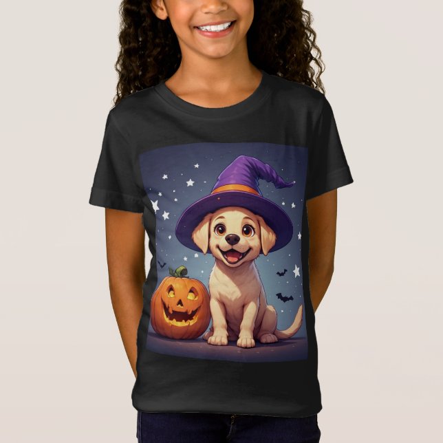 T-Shirt Chienne Labrador Sorcière à côté d'une Citrouille  (Devant)