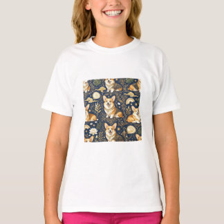 T-shirt Chiens Corgi Élégants Motif Damassé Or Bleu Nuit