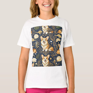 T-shirt Chiens Corgi Élégants Motif Damassé Or Bleu Nuit