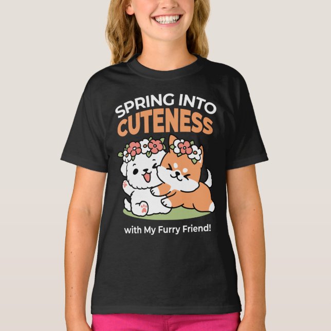 T-shirt Chiens de jeu avec Flower Crowns - Fun Spring Them (Devant)
