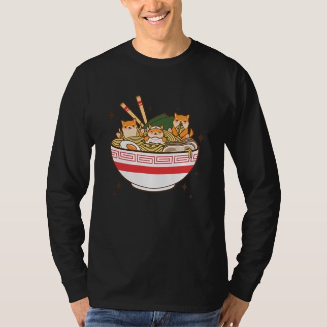 T-shirt Chiens de Kawaii mangeant Ramen (Devant)