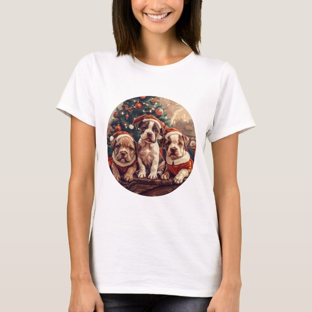 T-shirt Chiens de Noël Pit Bull chiots (Devant)