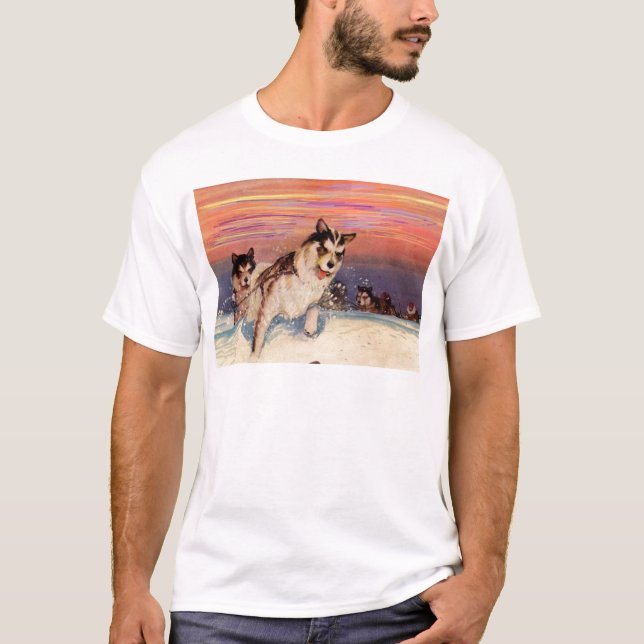 T-shirt Chiens husky sibériens des années 1940 faisant leu (Devant)