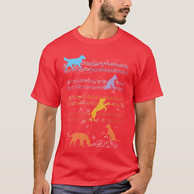 T-shirt Chiens jouant avec des notes de partition de musiq (Devant)