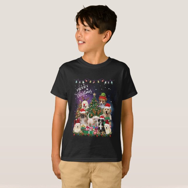 T-shirt Chiens Joyeux Noël Lumière (Devant entier)