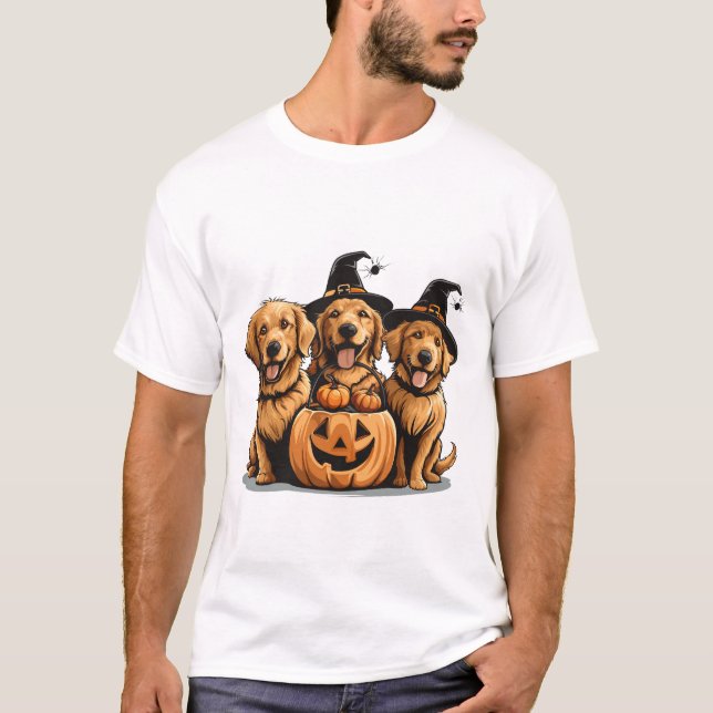 T-shirt Chiens Retriever dorés Halloween Citrouille Jack (Devant)