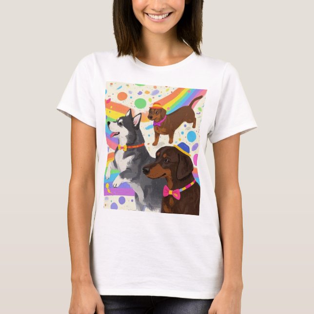 T-shirt Chiens sympas avec arc-en-ciel (Devant)