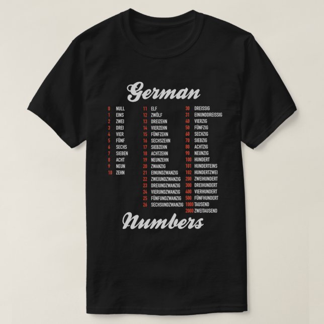 T-shirt Chiffres Allemands Feuille de route Langue Alleman (Design devant)