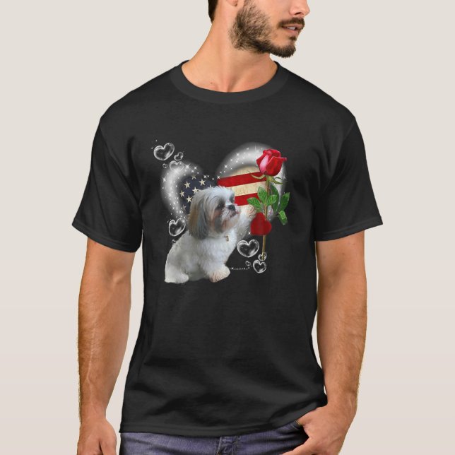 T-shirt Chih Tzu American Flower Rose de coeur - Shih Tz (Devant)