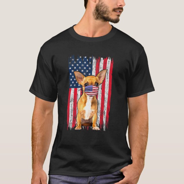 T-shirt Chihuahua American Flag Dog Wears Visage Mask 4th  (Devant)