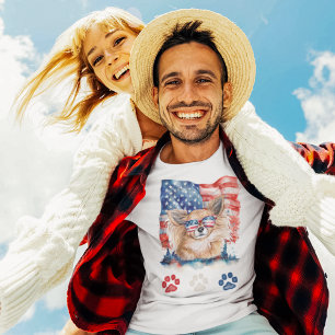 T-shirt Chihuahua aux longs poils rouge blanc bleu 4 juill