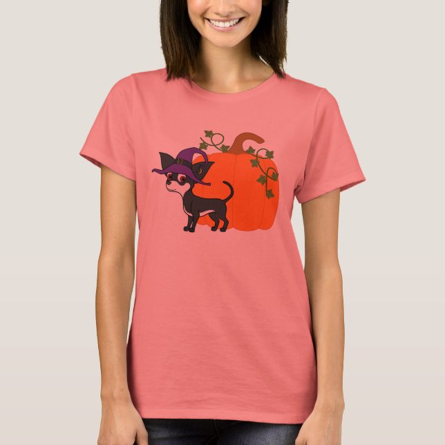 T-shirt Chihuahua blanc et noir avec Citrouille Halloween (Devant)