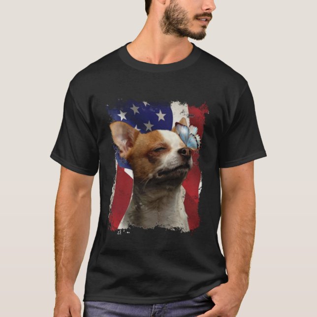 T-shirt Chihuahua Butterfly American Flag 4th July Indepen (Devant)